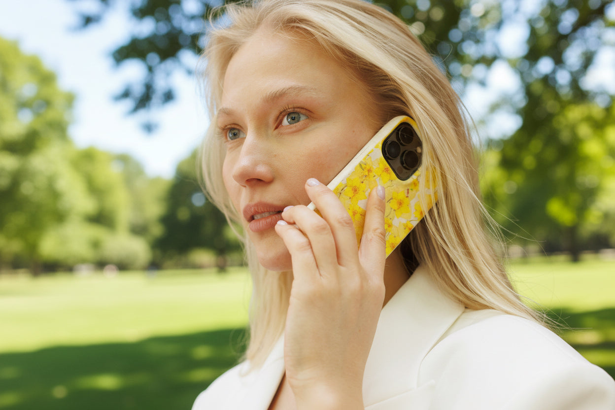 Woman holding a phone with a floral case in a park on a sunny day